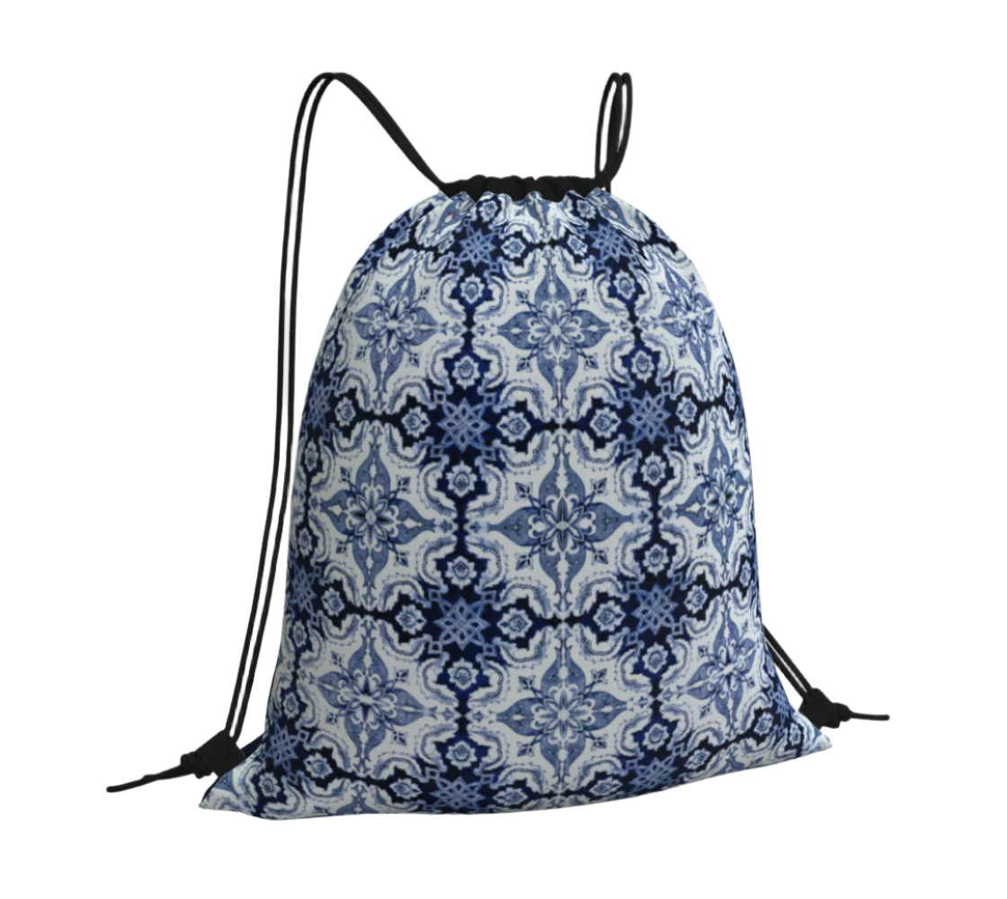 Portuguese 'Alfama' Grid Tile Drawstring Bag in Traditional Blue and White - Adjustable Straps with Key Ring