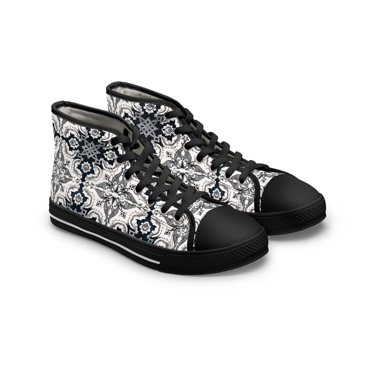 Antique Black Women's High Top Sneakers - Alfama Tile Design Inspired by Lisbon