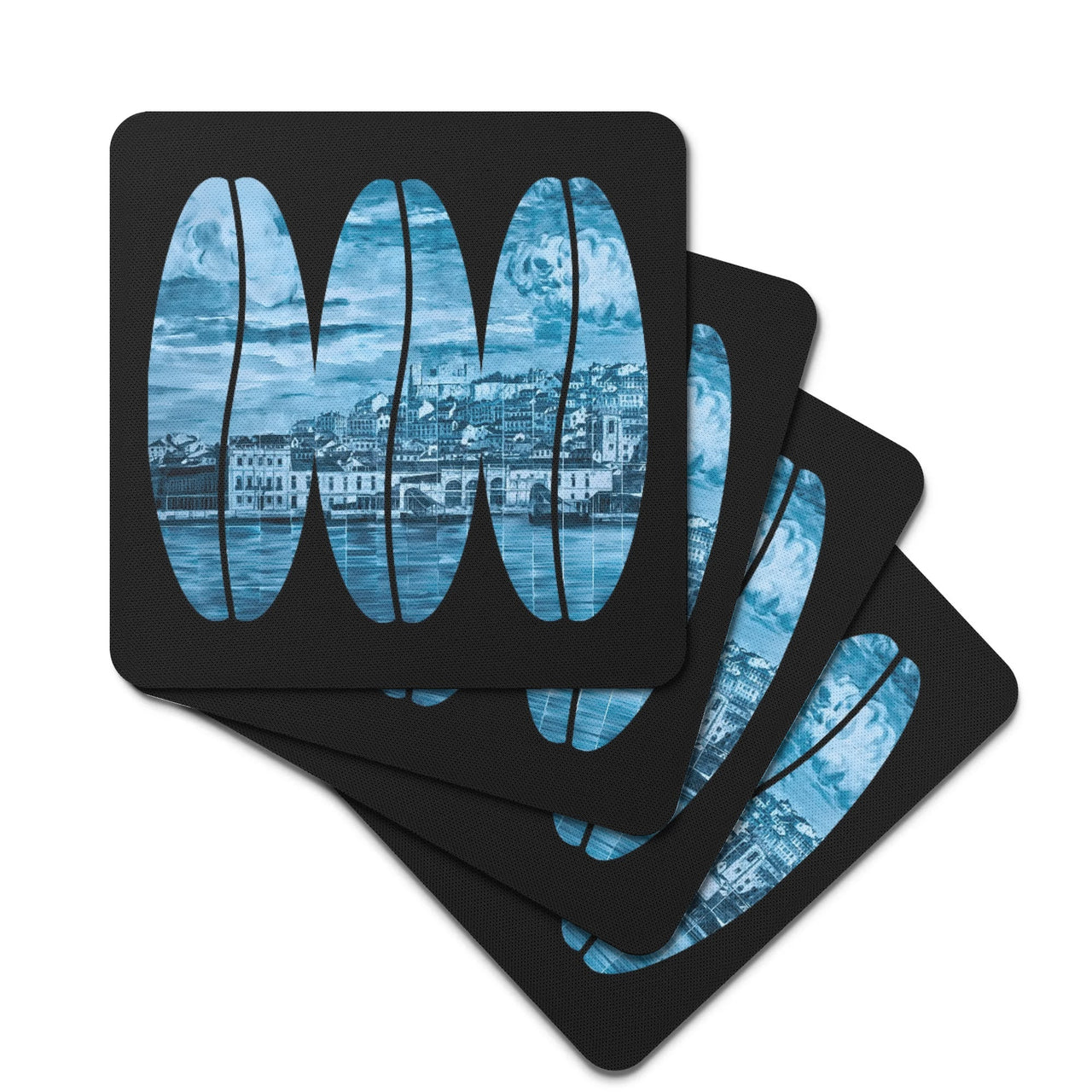 Neoprene Coaster Set (4) - 3 Ovals Lisbon Mosaic Mural in Lisbon Sky Blues