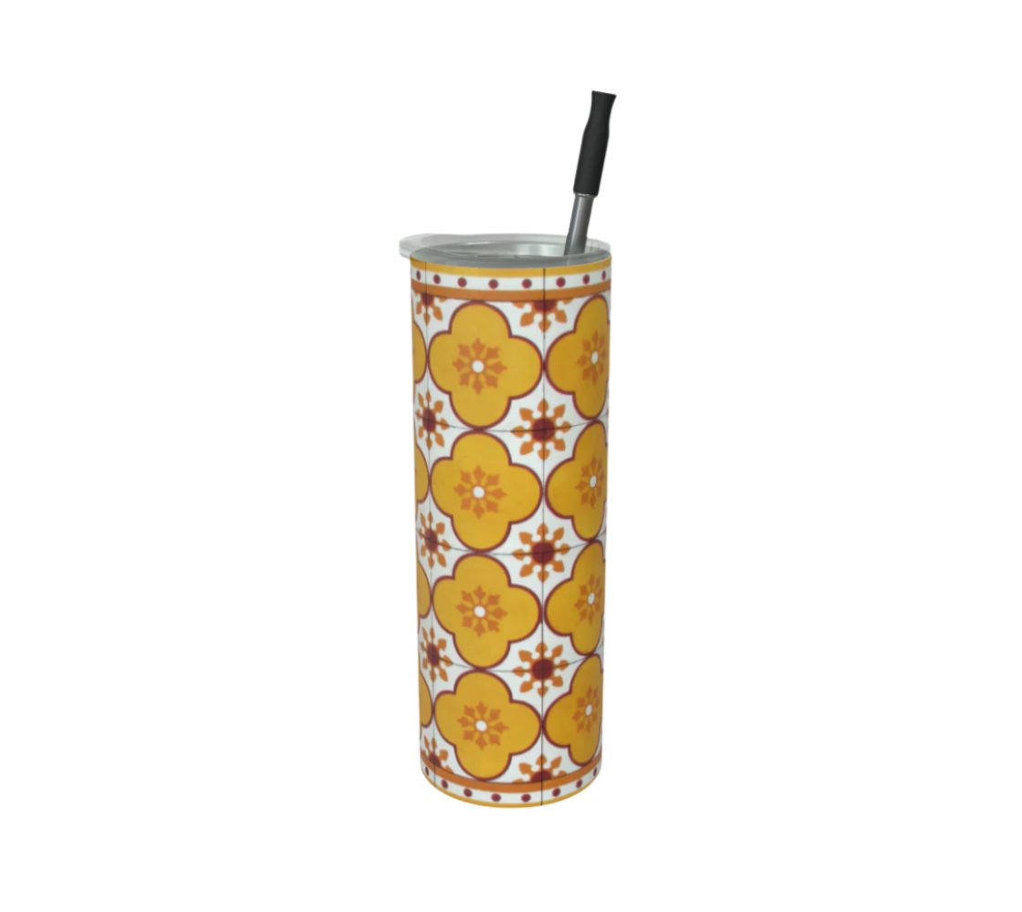 Tumbler: Rustic Portuguese Yellow Flower Tile - Slide Close Top and Straws