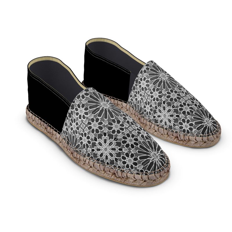 Unisex Espadrilles Portuguese Moorish Charcoal Tile with Black Heel