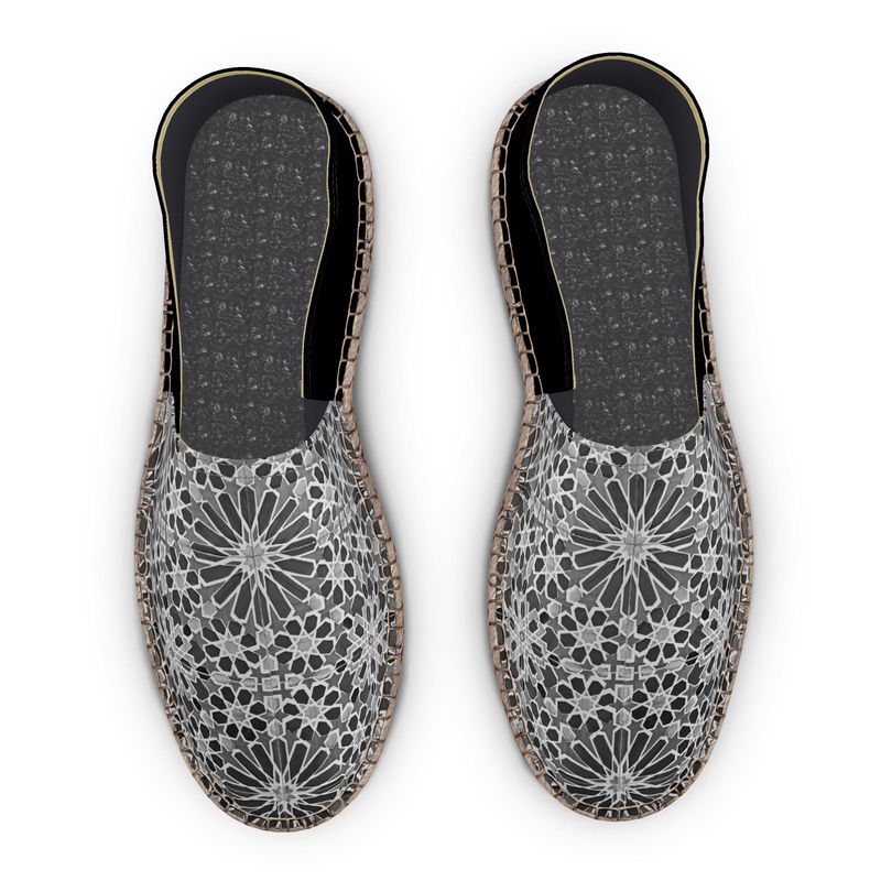 Unisex Espadrilles Portuguese Moorish Charcoal Tile with Black Heel