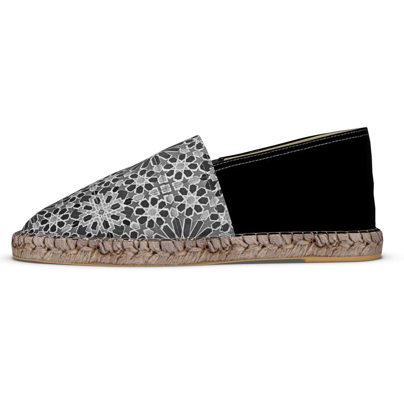 Unisex Espadrilles Portuguese Moorish Charcoal Tile with Black Heel