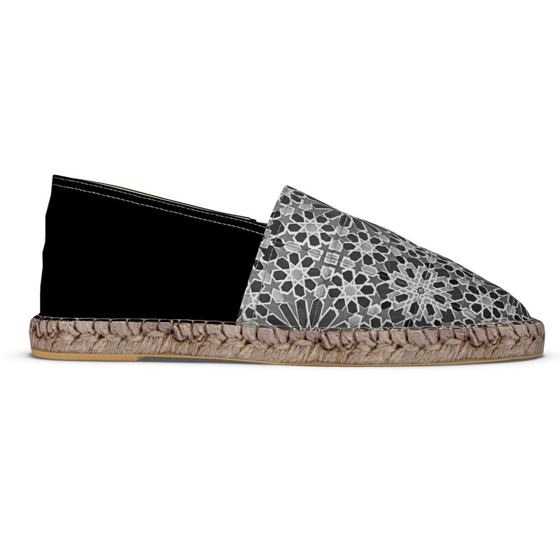 Unisex Espadrilles Portuguese Moorish Charcoal Tile with Black Heel