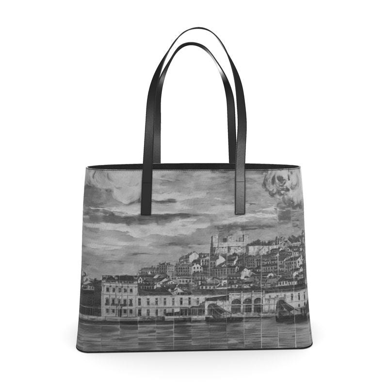 Textured Leather Tote - Lisbon Mosaic Mural - Black and Blue Murals and Large and Small Sizes