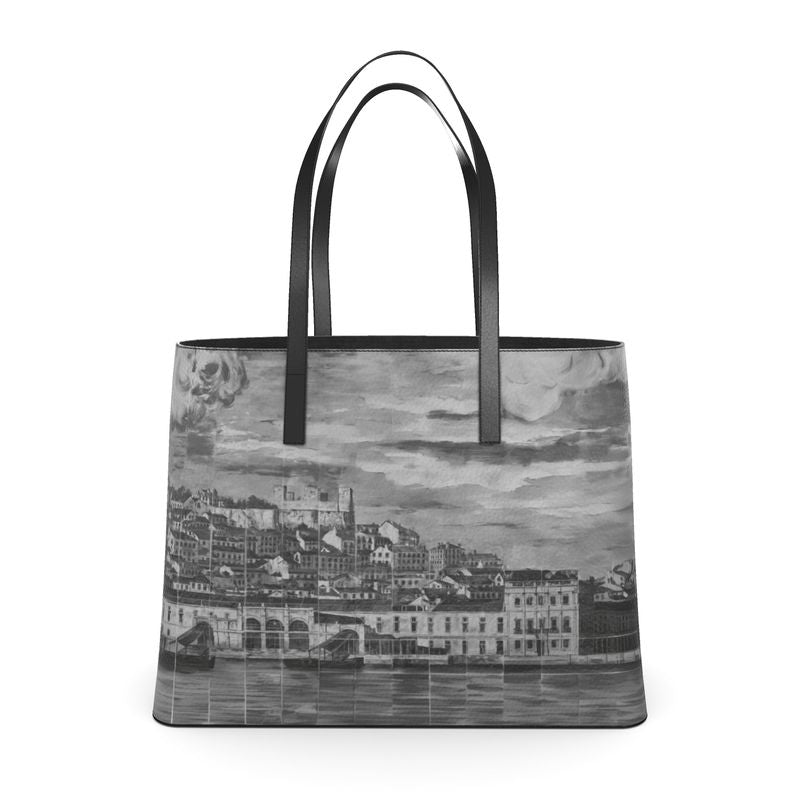 Textured Leather Tote - Lisbon Mosaic Mural - Black and Blue Murals and Large and Small Sizes