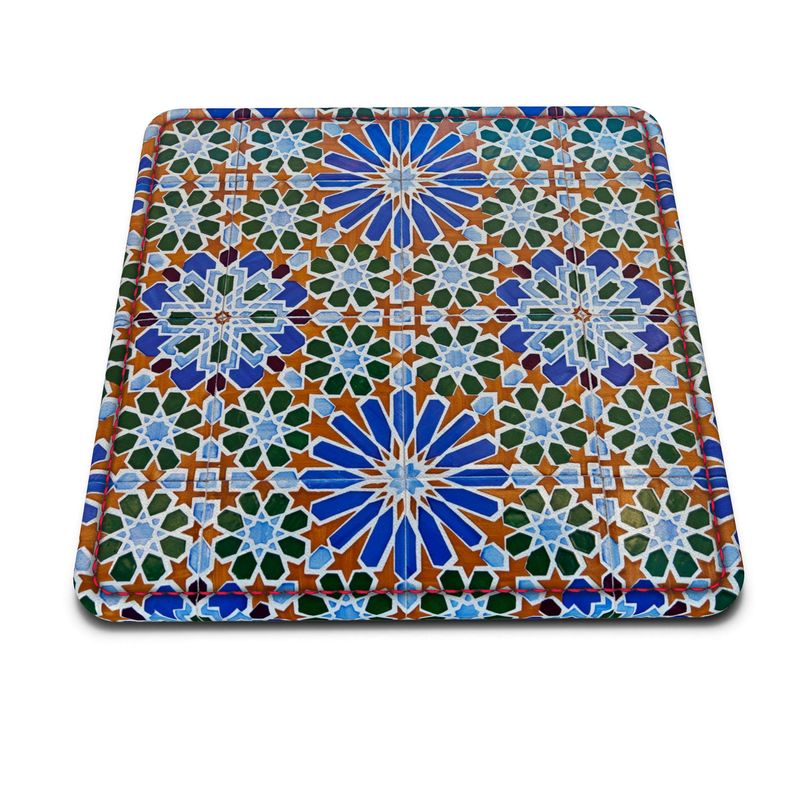 Square Leather Coaster - Moorish Portuguese Terracotta Blue Flowers