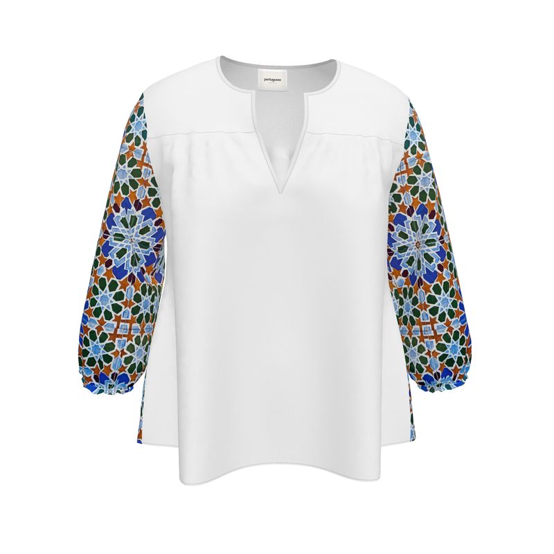 Women's Blouse / White / Colourful Moorish Mosaic Tile V-Neck Top With Three-Quarter Sleeves