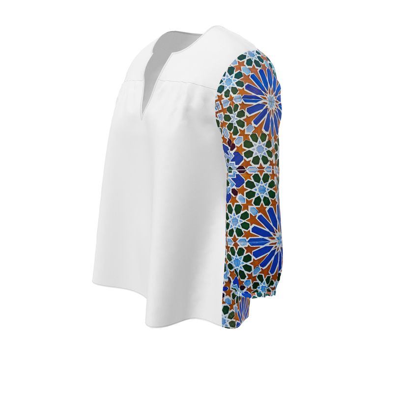 Women's Blouse / White / Colourful Moorish Mosaic Tile V-Neck Top With Three-Quarter Sleeves