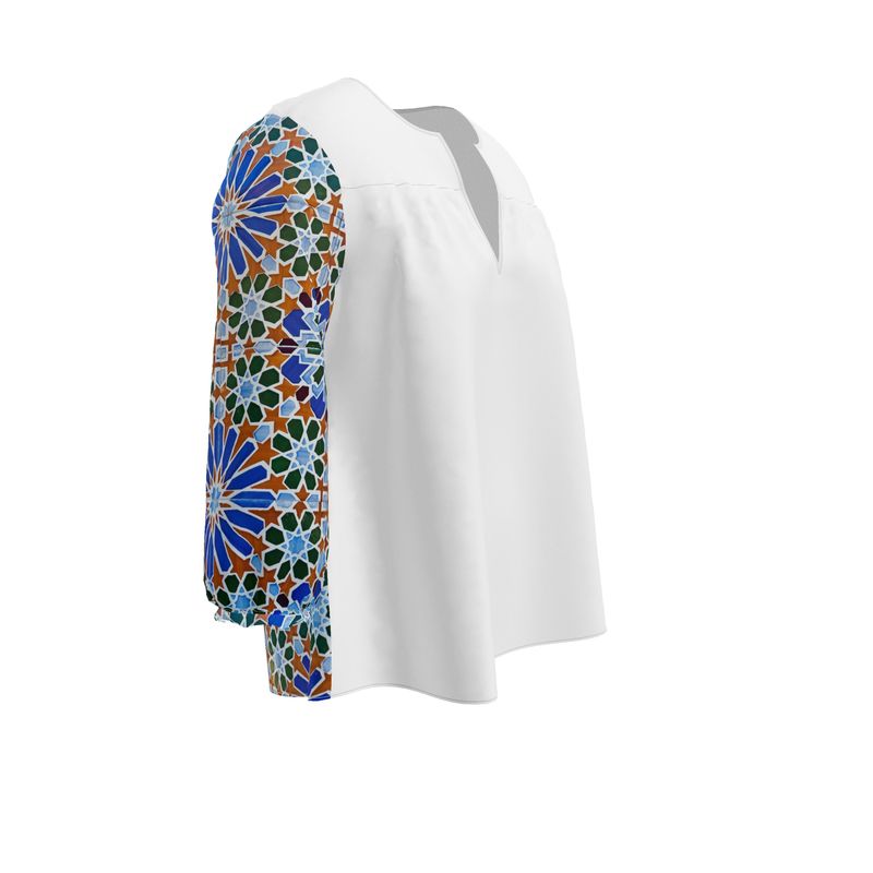 Women's Blouse / White / Colourful Moorish Mosaic Tile V-Neck Top With Three-Quarter Sleeves