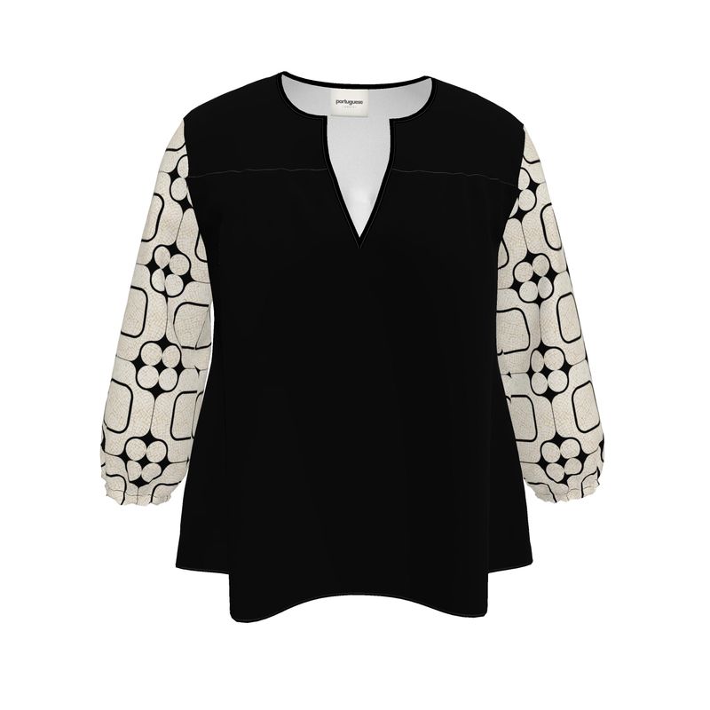 Women's Blouse /  Black / Creamy Calçada Mid-Century / V-Neck Three-Quarter Sleeve Top