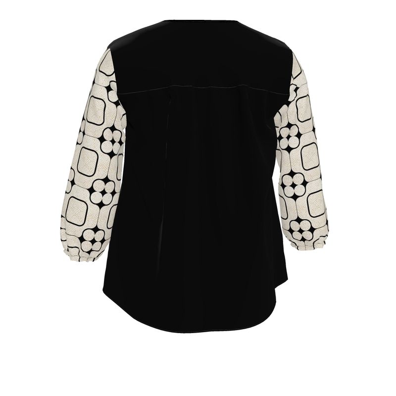 Women's Blouse /  Black / Creamy Calçada Mid-Century / V-Neck Three-Quarter Sleeve Top