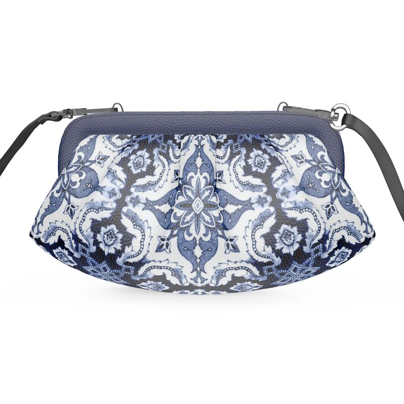 Pleated Leather Clutch and Crossbody Bag - Removable Strap - Alfama Tile in Traditional Blue and White