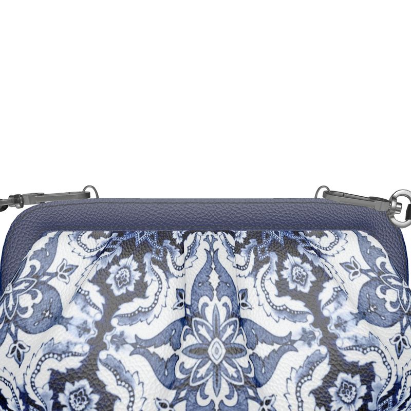 Pleated Leather Clutch and Crossbody Bag - Removable Strap - Alfama Tile in Traditional Blue and White