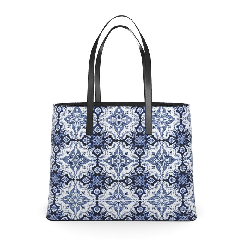 Textured Leather Tote - Alfama Tile Grid in Blue and White (Large and Small Sizes)