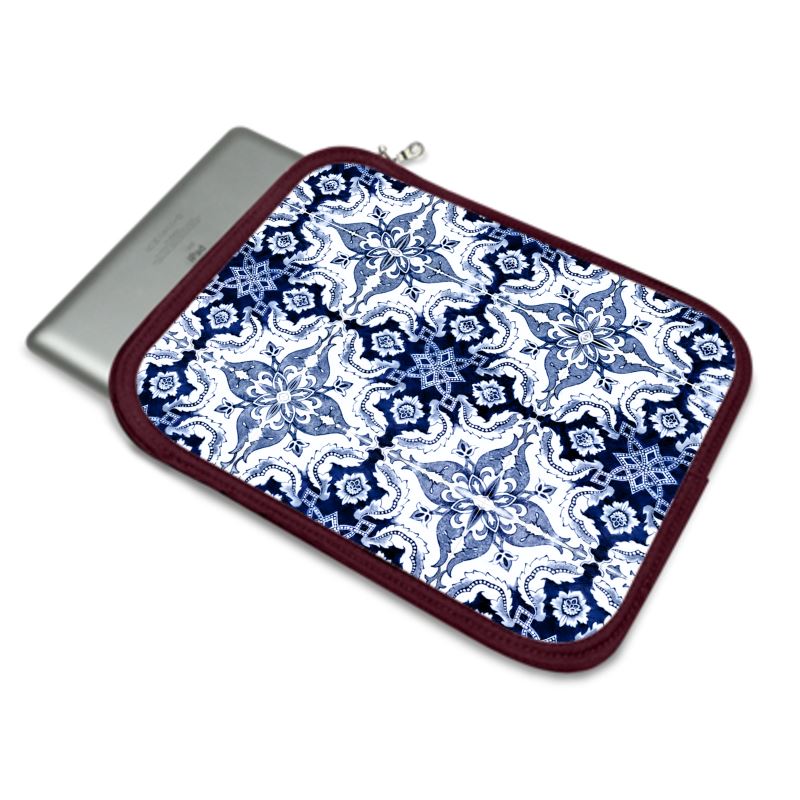 iPad Case - Portuguese Blue Alfama Tile in Blue and White with Maroon Trim