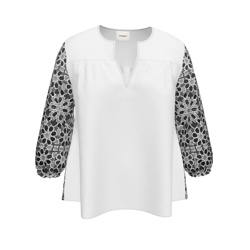 Women's Blouse / White with Antique Black Moorish Sleeves and Back  / V-Neck Top / Three-Quarter Sleeves