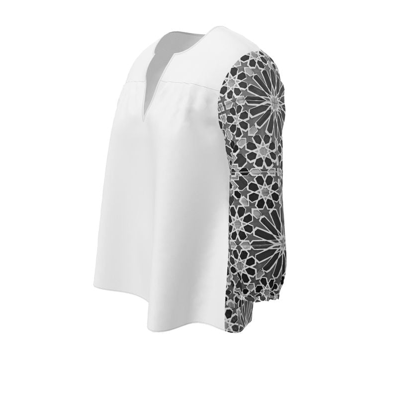 Women's Blouse / White with Antique Black Moorish Sleeves and Back  / V-Neck Top / Three-Quarter Sleeves