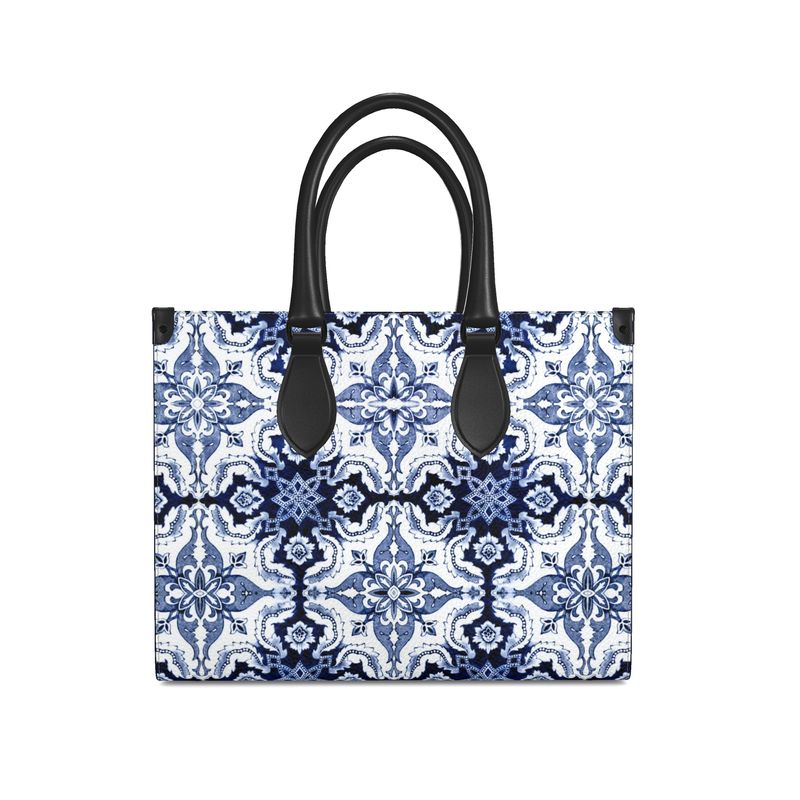 Textured Bubble Leather Tote Shopper - Azul Portuguese Hand Painted Tiled (Two sizes)