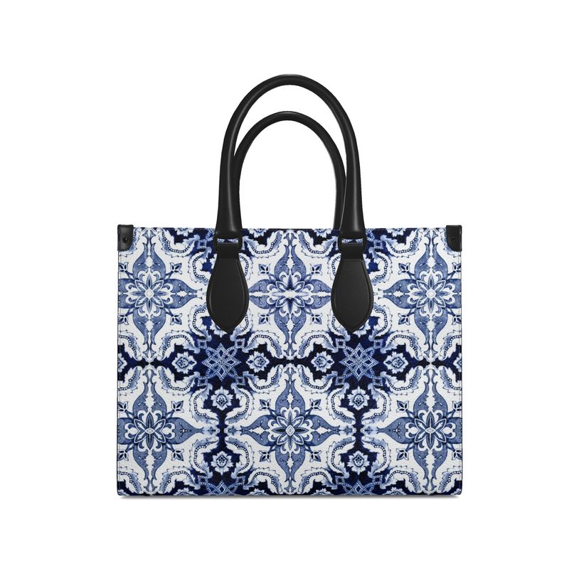 Textured Bubble Leather Tote Shopper - Azul Portuguese Hand Painted Tiled (Two sizes)