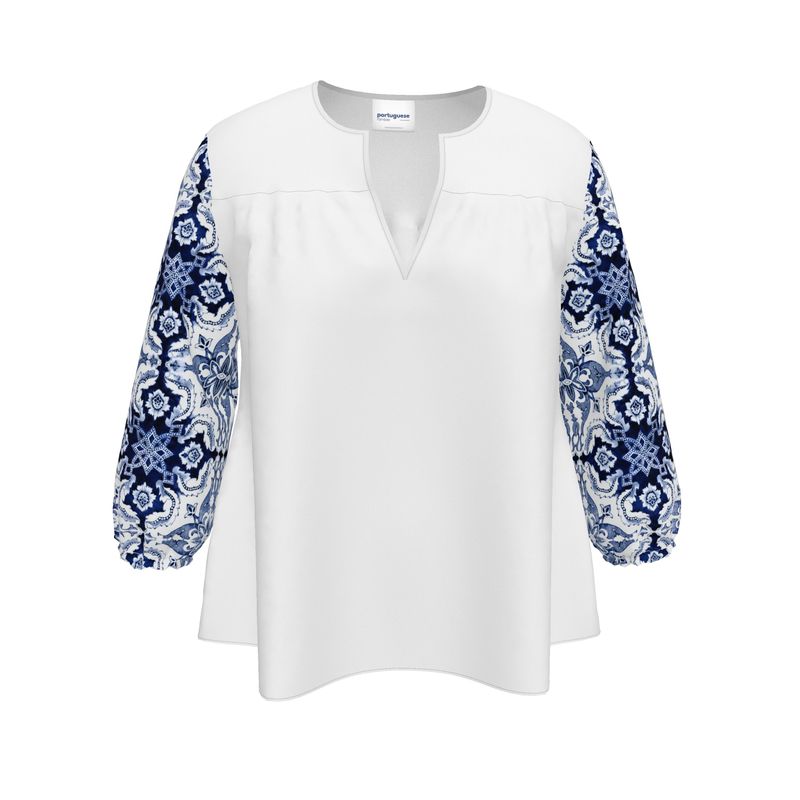 Women's Blouse / White / V-Neck Top Three-Quarter Sleeves Alfama Lisbon Color Tile Top