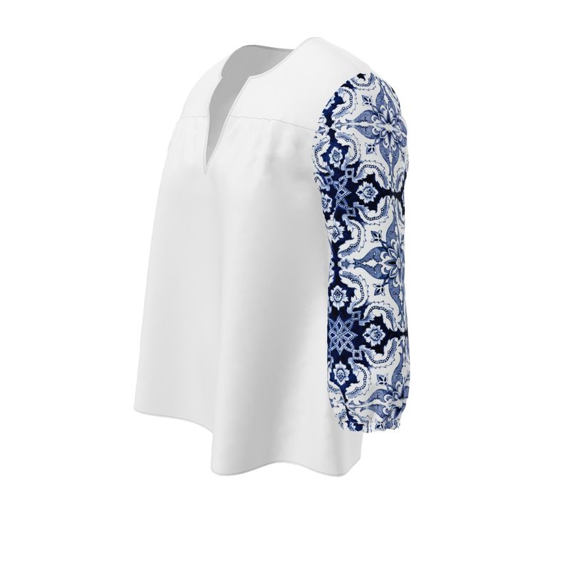 Women's Blouse / White / V-Neck Top Three-Quarter Sleeves Alfama Lisbon Color Tile Top