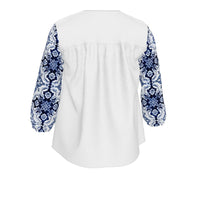 Thumbnail for Women's Blouse / White / V-Neck Top Three-Quarter Sleeves Alfama Lisbon Color Tile Top