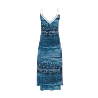 Thumbnail for Maxi Sleeveless Slip Silky Dress with V-neck in - Lisbon Mosaic Mural in Sky Blues