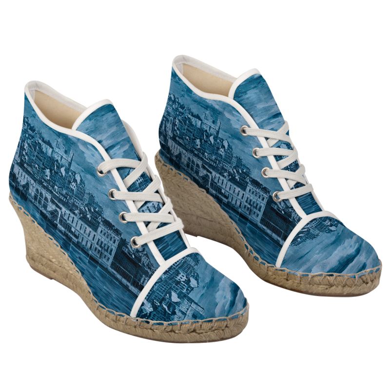 Wedge Espadrilles - Lisbon Portugal Mosaic Mural in Blue and Black