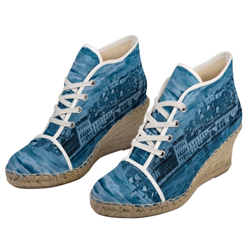 Wedge Espadrilles - Lisbon Portugal Mosaic Mural in Blue and Black