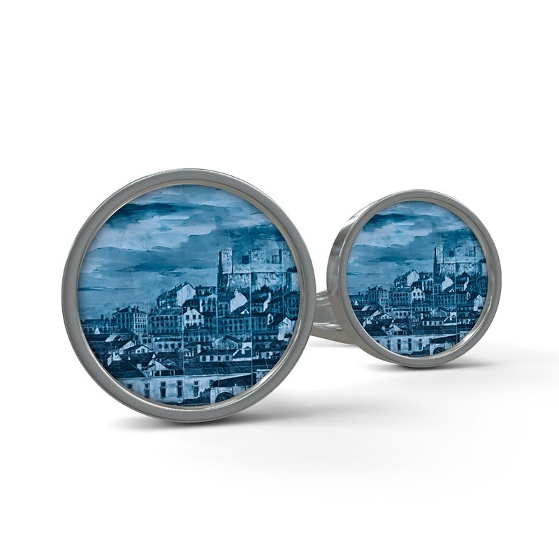 Round Cufflinks - Lisbon Mosaic Mural in Lisbon Sky Blues