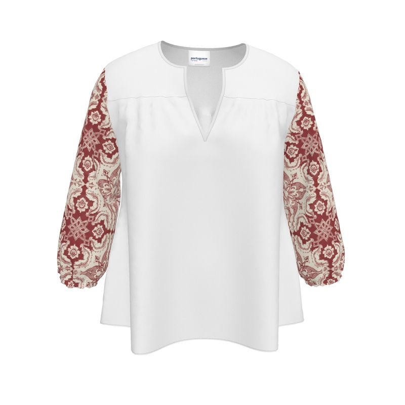 Women's Blouse / White / V-Neck Top Three-Quarter Sleeves Alfama Lisbon Color Tile Top