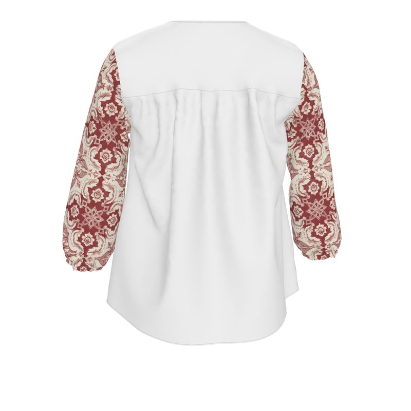 Women's Blouse / White / V-Neck Top Three-Quarter Sleeves Alfama Lisbon Color Tile Top