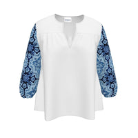 Thumbnail for Women's Blouse / White / V-Neck Top Three-Quarter Sleeves Alfama Lisbon Color Tile Top