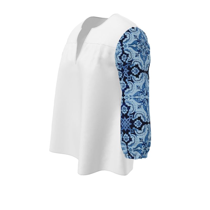 Women's Blouse / White / V-Neck Top Three-Quarter Sleeves Alfama Lisbon Color Tile Top