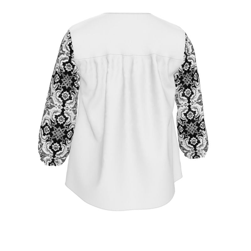 Women's Blouse / White / V-Neck Top Three-Quarter Sleeves Alfama Lisbon Color Tile Top