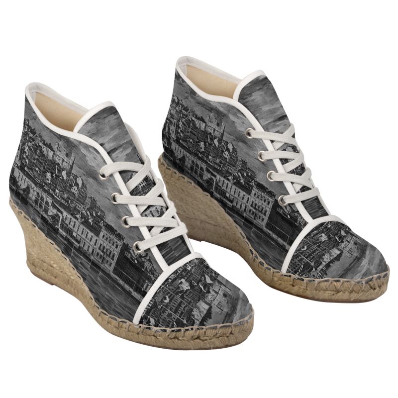 Wedge Espadrilles - Lisbon Portugal Mosaic Mural in Blue and Black