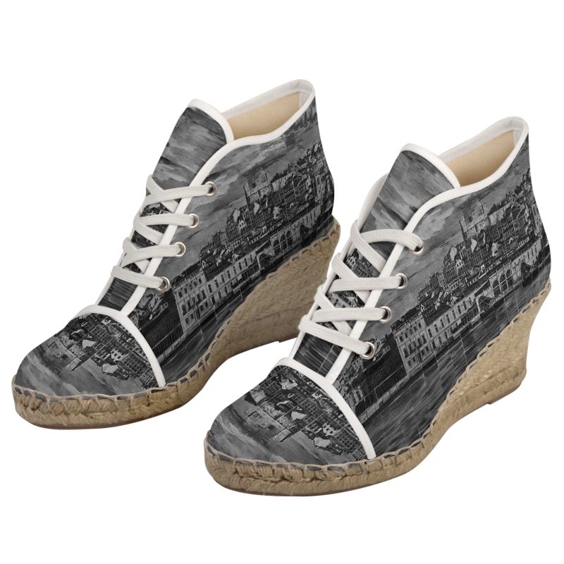 Wedge Espadrilles - Lisbon Portugal Mosaic Mural in Blue and Black