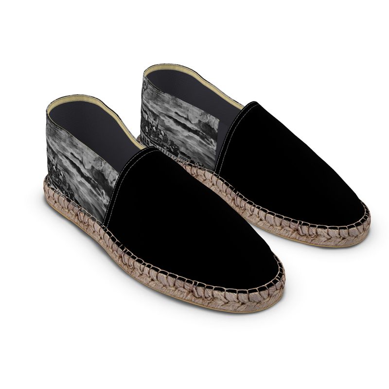 Flat Espadrilles - Black with Lisbon Portugal Mural in Antique Black Heel