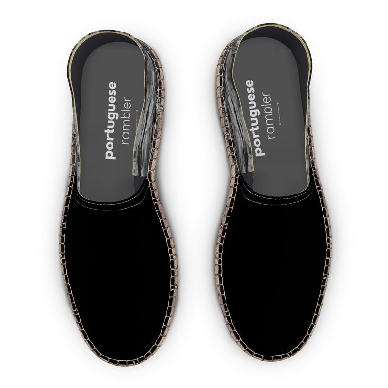 Flat Espadrilles - Black with Lisbon Portugal Mural in Antique Black Heel