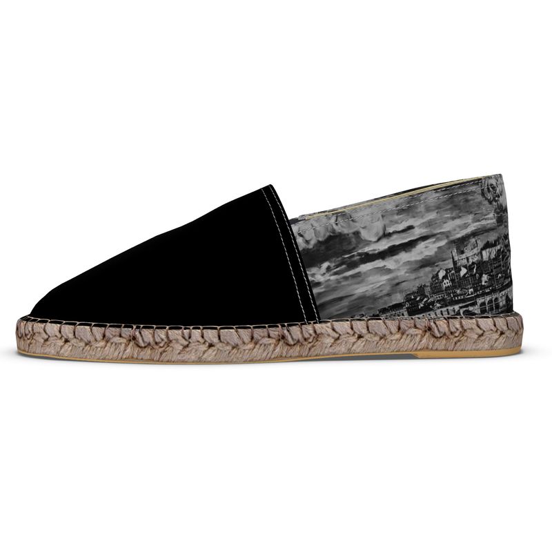 Flat Espadrilles - Black with Lisbon Portugal Mural in Antique Black Heel