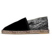 Thumbnail for Flat Espadrilles - Black with Lisbon Portugal Mural in Antique Black Heel