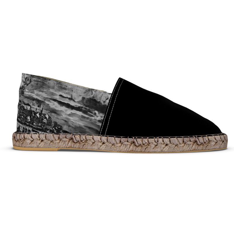 Flat Espadrilles - Black with Lisbon Portugal Mural in Antique Black Heel