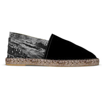 Thumbnail for Flat Espadrilles - Black with Lisbon Portugal Mural in Antique Black Heel