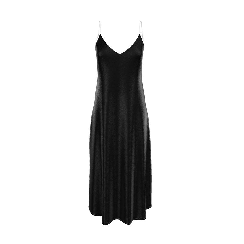 Maxi Sleeveless Slip Silky Dress with V-neck in Black with White Straps