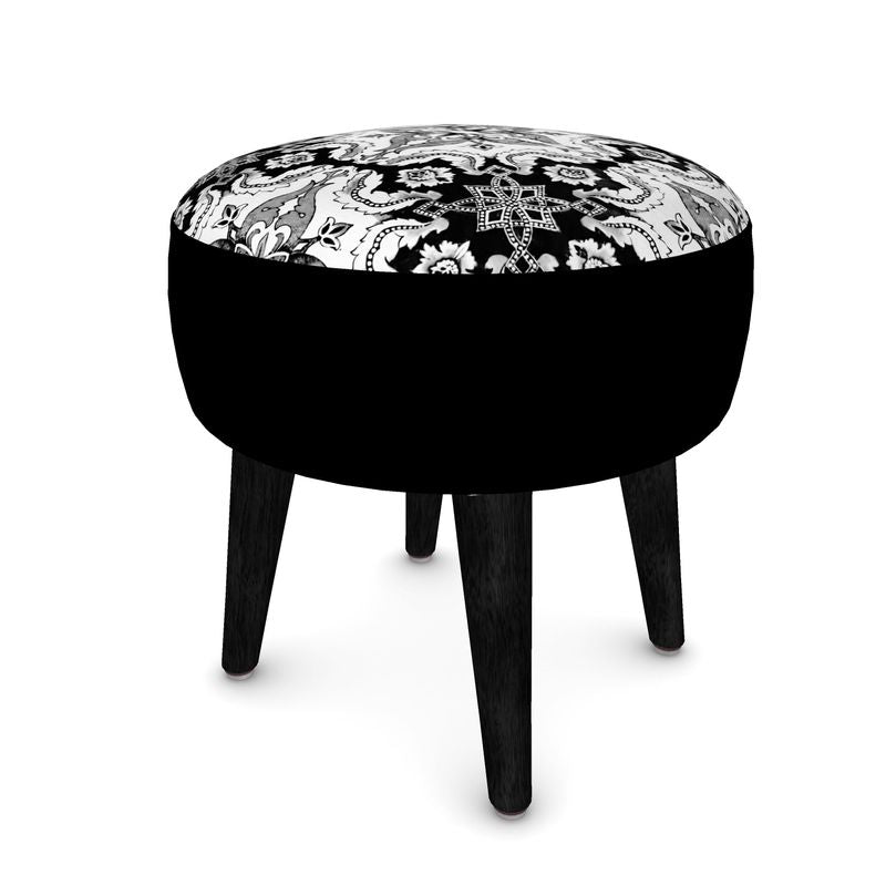 Round Footstool Antique Black Portuguese Alfama Tile with Black Legs