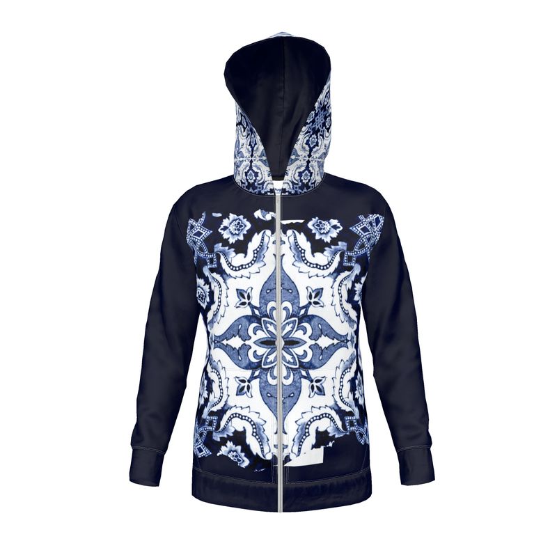 Zippered Premium Unisex Polar Fleece Hoodie - Portuguese 'Alfama' Esquina Tile Design on Exterior Hood and Front (4 Colors)