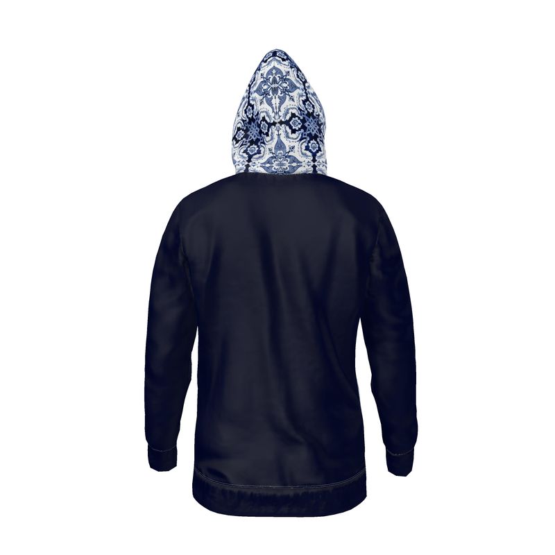 Zippered Premium Unisex Polar Fleece Hoodie - Portuguese 'Alfama' Esquina Tile Design on Exterior Hood and Front (4 Colors)