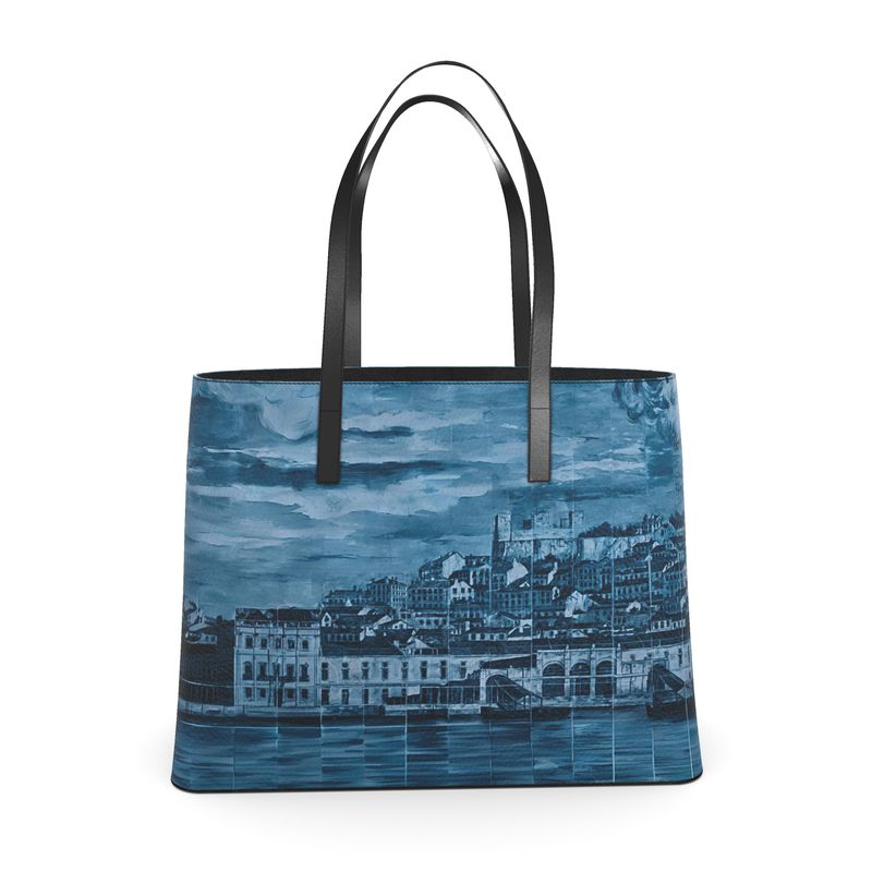 Textured Leather Tote - Lisbon Mosaic Mural - Black and Blue Murals and Large and Small Sizes