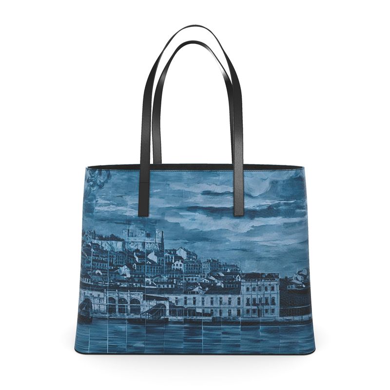 Textured Leather Tote - Lisbon Mosaic Mural - Black and Blue Murals and Large and Small Sizes